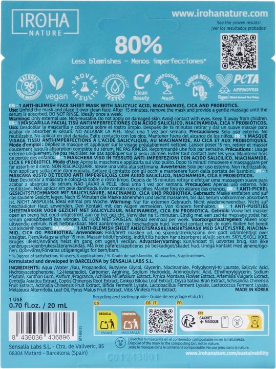 Nutritional values and ingredients Iroha Nature Anti-Blemish - Face Sheet Mask With Salicylic Acid, Niacinamide, Cica + Probiotics