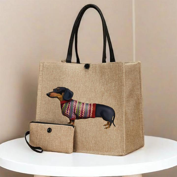Produktbild Only-Bags.Store 2 Stück Hundedruck Canvas Tote Bags - Leichte Reise- und Strandtaschen mit Schnallenverschluss