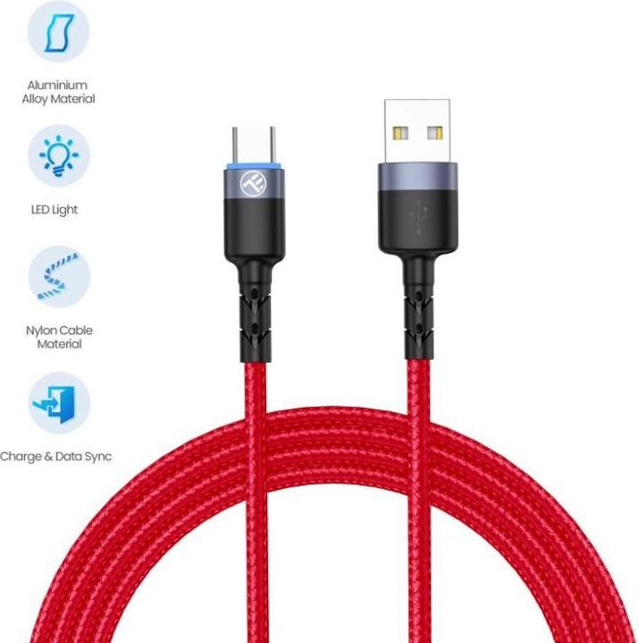 Tellur Câble de données USB vers Type-C avec lumière LED, 3A, 1.2m rouge (1.20 m, USB 3.2 Gen 1)