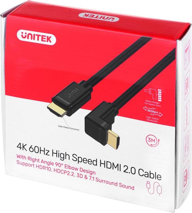 Actual product image Unitek Y-C1002 HDMI 2.0 90° 4K60HZ 3M Cable Black (3 m, HDMI)