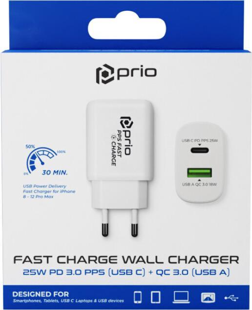 Actual product image prio Fast Charge Wall Charger 25W PD PPS (USB C)+QC 3.0 (USB A) white (25 W)
