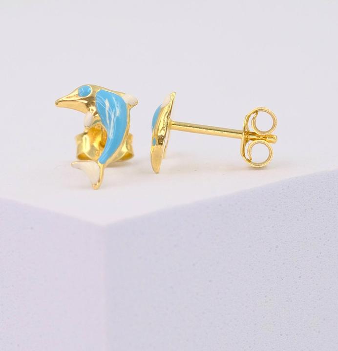 Image du produit Muau Stud earrings Dolphins yellow gold 750 light blue/white 11mm (Or jaune 750/18K)