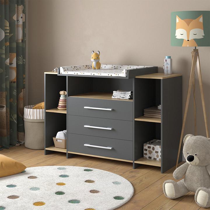 Produktbild Vichy Wickelkommode Oskar, Anthrazit/Goldkraft Eiche, 143.2 x 93 cm mit 3 Schubladen