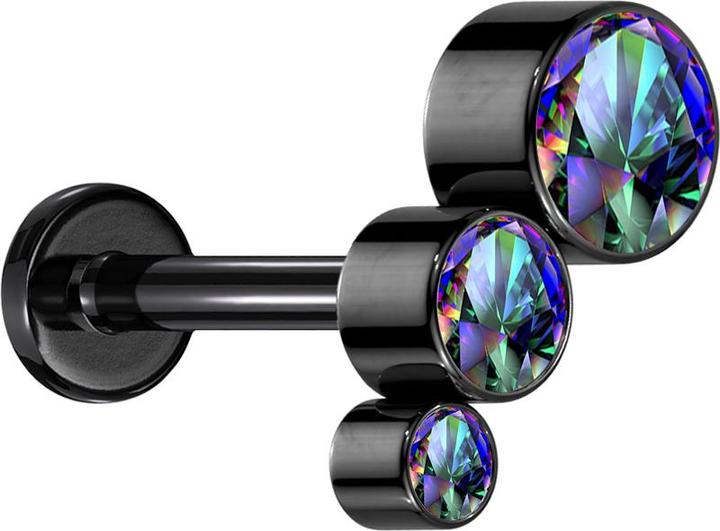 Produktbild Star Piercing Micro Labret Innengewinde schwarz absteigend drei Kristalle dunkel multicolor (ohne Messing, Titan G23)