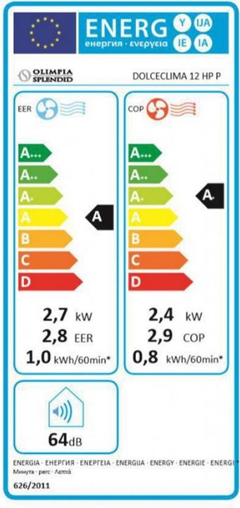 Label énergétique Olimpia Splendid DolceClima Silent 12HP P (45 m², 12000 BTU/h)