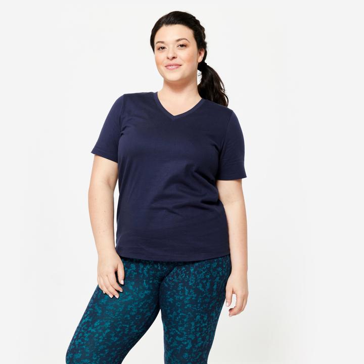 Domyos T-Shirt Damen Baumwolle V-Ausschnitt - dunkelblau (XS)
