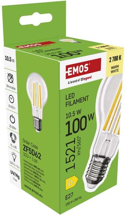 Immagine prodotto Emos Lampada LED filamento A60 / E27 / 10,5 W (100 W) / 1521 lm / Bianco caldo (E27, 10.50 W, 1521 lm, 1 x, D)