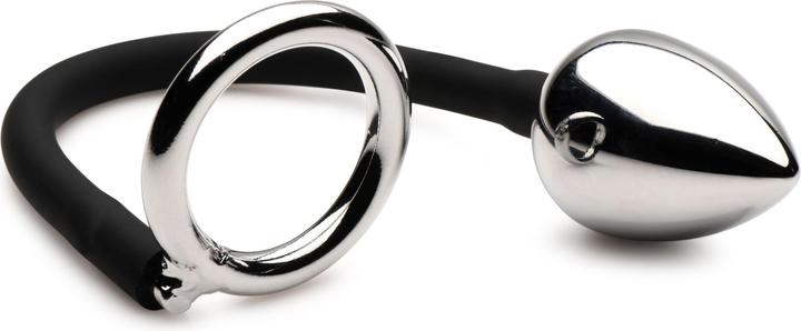 Actual product image Master Series XR Brands - Tug + Plug Cock & Ball Ring with Anal Plug - Black & Silver (5 cm)