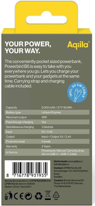 Immagine prodotto Aqiila Powerbird B5B - Powerbank 5000 mAh, 12W - Nero (5000 mAh, 12 W, 37 Wh)