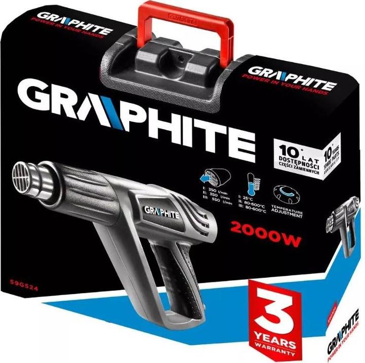 Actual product image Graphite Heat gun 2000W, temperature range: I: 25? C, II: 80-600? C, III: 80-600? C, suitcase