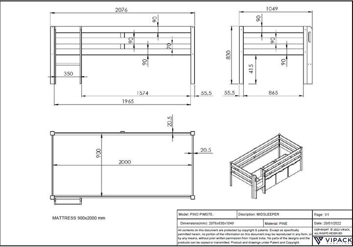 Produktbild Vipack Bett Pino inkl. Hängeablage & Schubladen Set (90 x 200 cm)
