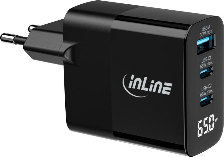 Actual product image InLine USB PD power supply, GaN charger, 3-port, USB-C + USB-A, 65W, with display, black (65 W)