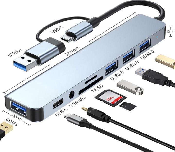Produktbild Apfelkiste USB C/USB 3.0 Multiport Hub mit SD/MicroSD & 3.5mm Klinke – 5 Gbit/s (USB C + 4x USB A) (USB-C, 4 Ports)