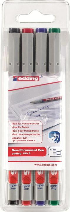 Produktbild Edding Folienstift 150 S Strichstärke: 0,3 mm Schreibfarbe: rot, blau, grün, schwarz dokumentenecht: Nein (Grün, Blau, Schwarz, Rot, 0.30 mm, 4 x)