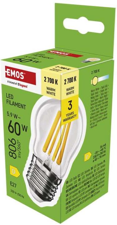 Immagine prodotto Emos Lampada LED Filament Mini Globe / E27 / 5,9 W (60 W) / 806 lm / Bianco caldo (E27, 5.90 W, 806 lm, 1 x, D)