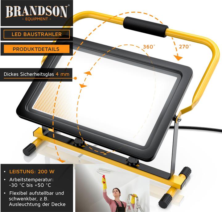 Produktbild Brandson Baustrahler, 200W, LED, Standgestell & Tragegriff, 16000 Lumen, Bauscheinwerfer, 4 m Kabel, IP65 (16000 lm)