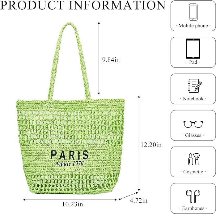 Produktbild Only-Bags.Store Ausgehöhlte Stroh gewebte Einkaufstasche, modische Stickerei-Buchstaben-Umhängetasche, Strandtasche