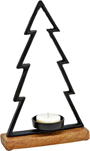 Produktbild G. Wurm Kerzenhalter Tannenbaum, auf Mangoholz aus Metall Schwarz (B/H/T) 20x33x5cm