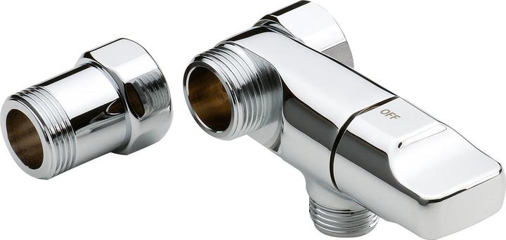 Produktbild Oras Chrom-Absperrventil für Wasch- oder Geschirrspülmaschine. 3/4"-Anschluss und 1/2"-Ausgang.