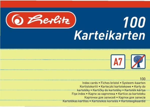 Produktbild Herlitz Karteikarten, DIN A7, liniert, gelb aus Papier, 170 g-qm, holzfrei, Linienfarbe: blau, doppelte (A7, 170 g/m², 100 x)