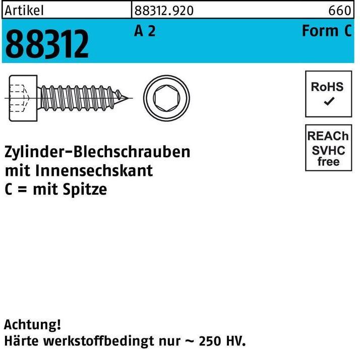 Productafbeelding Kaaskop-tapschroef R 88312 met punt/inwendige zeskant C 5,5 x 19 A 2 (500 Schroeven per stuk)