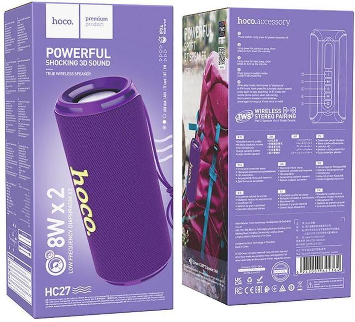 Actual product image Hoco HC27 Soundful Portable speaker Blutooth/ FM/ TF card/ USB memory stick/ AUX 2 x 8 W Purple (2 h)