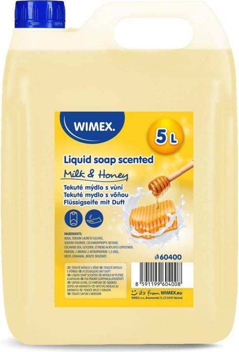 Immagine prodotto Wimex.eu Sapone liquido con fragranza latte e miele 5L per dispenser - 1 pezzo (Sapone liquido, 5000 ml)