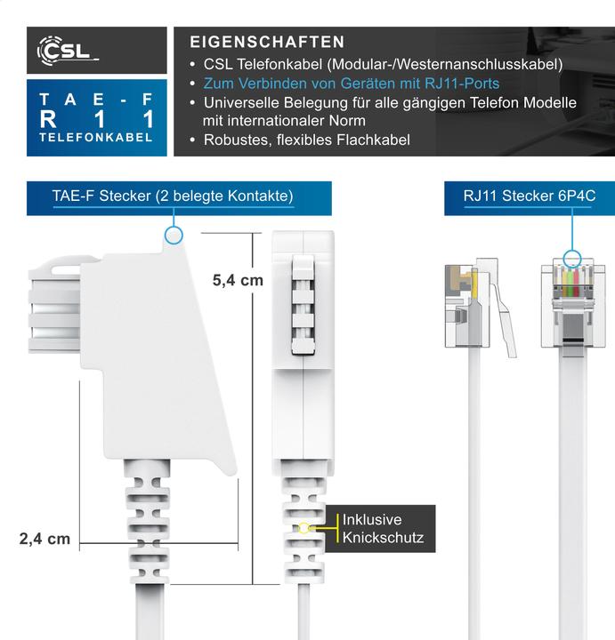 Image du produit CSL Câble téléphonique plat, TAE-F mâle vers RJ11, prise téléphonique vers téléphone, câble plat, fax