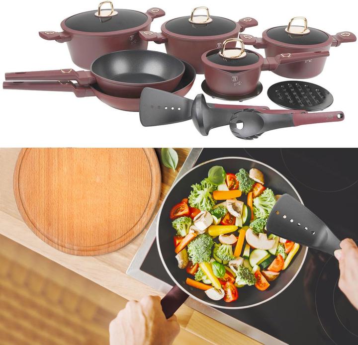 Produktbild BerlingerHaus Kochset inkl. Kochbesteck & Untersetzer, 15-teilig, bordeaux (24 cm, Pfannenset + Topfset, Aluminium)