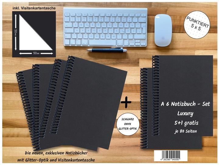 Actual product image A 6 notebook - set, 4+2 free, Luxury 80 pages BLACK ONYX GLITTER-OPTICS, dotted 5x5mm (A6)