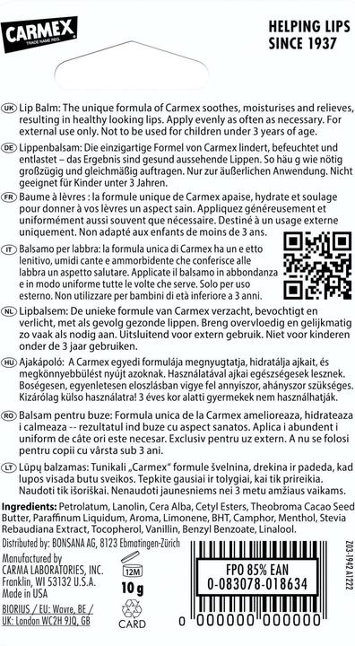 Valeurs nutritives et ingrédients Carmex Tube de pêche mangue (Baume)