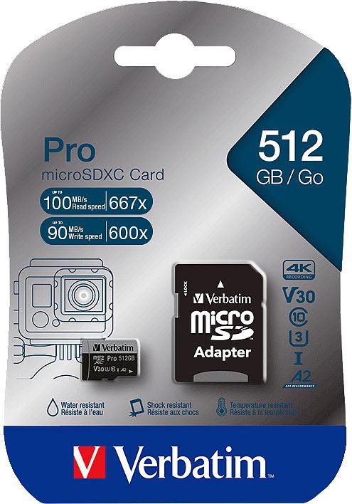 Produktbild Verbatim Pro microSDXC-Speicherkarte, 512 GB, 100 MB/s, Class 10, U3, V30 (512 GB, microSDXC, U3)