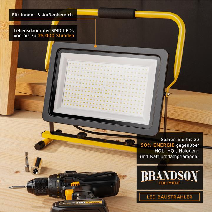 Produktbild Brandson Baustrahler, 200W, LED, Standgestell & Tragegriff, 16000 Lumen, Bauscheinwerfer, 4 m Kabel, IP65 (16000 lm)