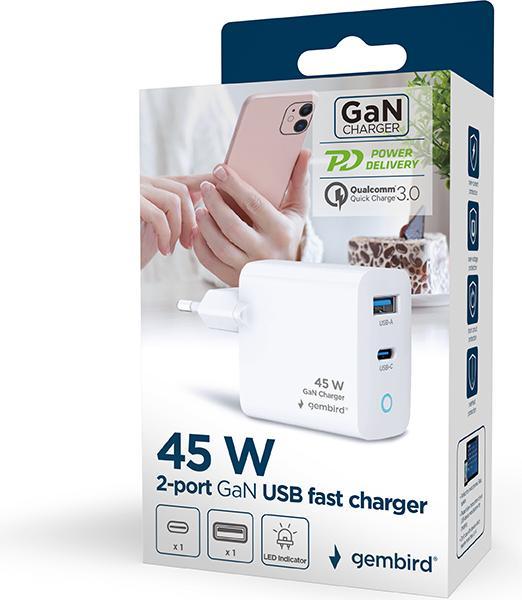 Actual product image Gembird Chargeur secteur - 1x USB-C + 1x USB-A 45W (Blanc) (45 W)