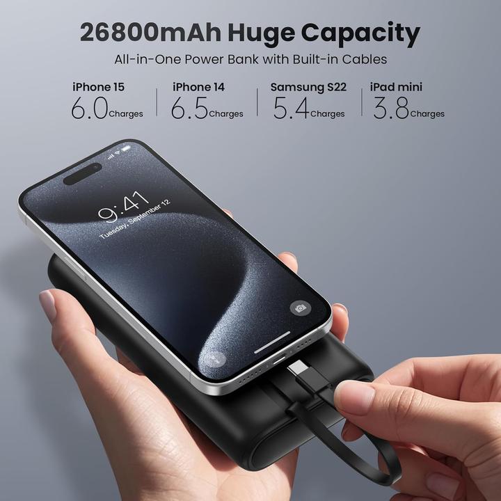 Produktbild Ekrist Powerbank mit Integriert Kabel & 4 LED-Anzeigen (26800 mAh, 25 W)