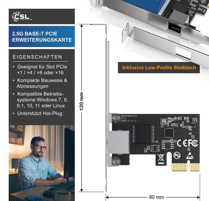 Produktbild CSL PCIe Netzwerkkarte 2,5G Base-T, 2500/1000/100 Mbit/s, PCI-Express Ethernet Adapter für Win & Linux (PCI)