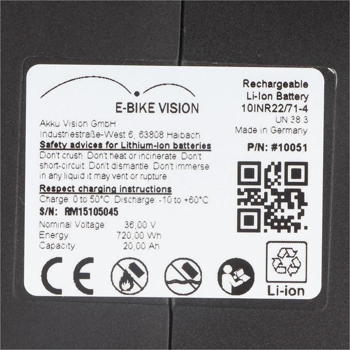 Actual product image E-Bike-Vision e-Bike battery Centurion with BOSCH PowerPack 500 (720 Wh, E-bike battery cover)