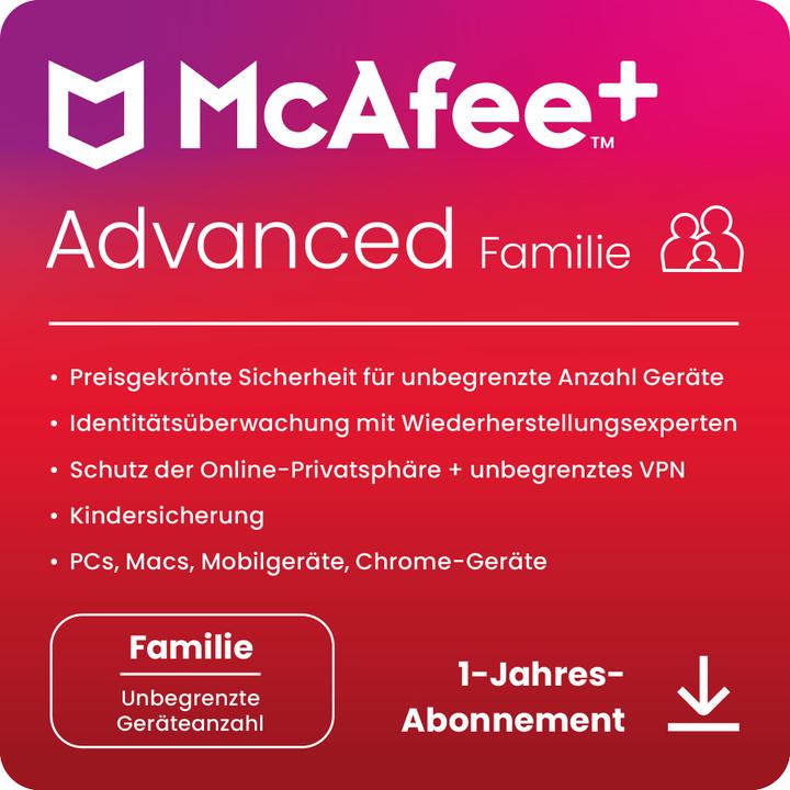 McAfee + Advanced - Familie (Unbegrenzte Anzahl von Geräten) (1 User, 1 Devices/Users, 12 months)