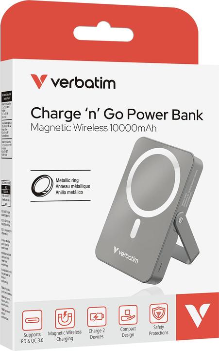Actual product image Verbatim Charge ‘n’ Go Power Bank with Stand Magnetic Wireless 10000mAh - Grey (10000 mAh, 20 W, 37 Wh)
