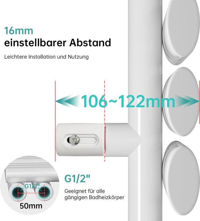 Actual product image Emke Electric Bathroom Radiator, 1740x600mm - White Oval Tube Towel Dryer (815 W)