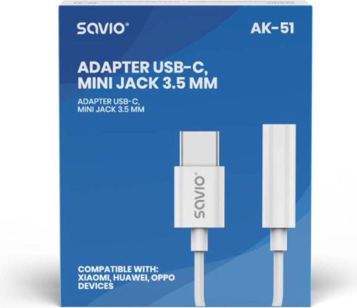 Image du produit Savio Adaptateur audio - USB type 3.1 C M - Prise jack 3,5 mm F - Blanc AK-51 (0.11 m, USB)