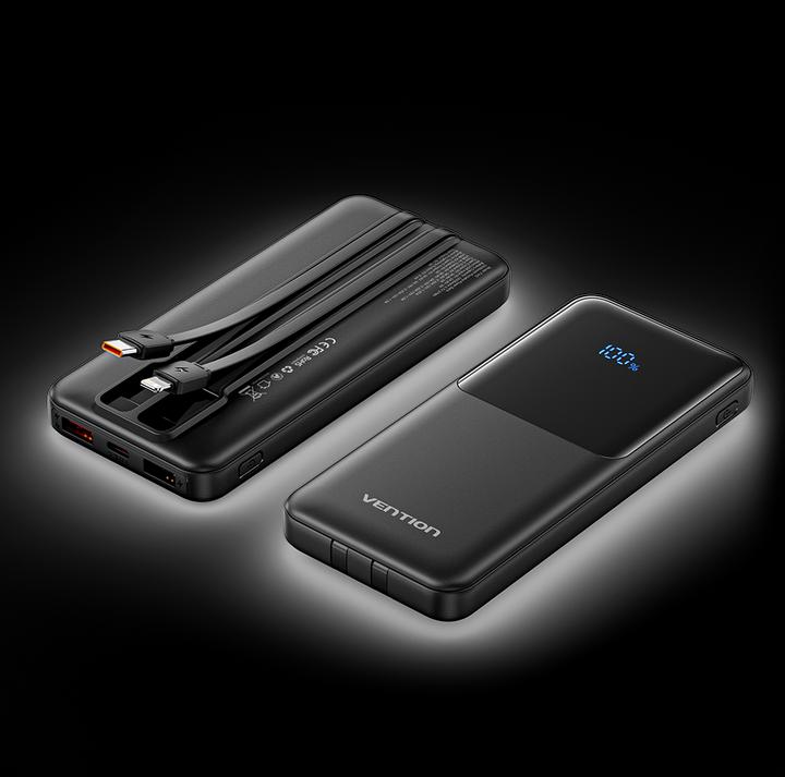 Actual product image Vention 10000mAh Power Bank (Micro-USB + USB-C + USB-A + USB-A) with Built-in USB-C and Lightning Cables 22. (10000 mAh, 37 Wh)