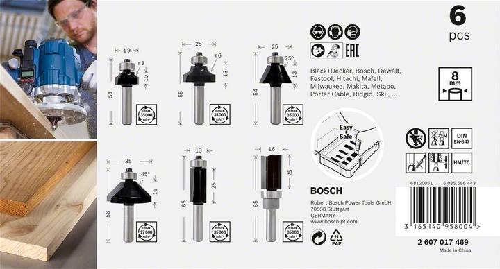 Actual product image Bosch Professional Zubehör Set of edge milling cutters. 8 mm shank. 6-piece