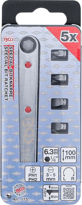 Actual product image BGS Special Bit Ratchet extra thin 6.3 mm (1/4") Drive incl. 4 special bits (Cross Phillips PH M2, Cross Phillips PH M1, Screw slot M4, Screw slot M3, Screw slot M5)