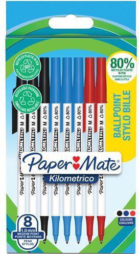 Produktbild Paper Mate Kugelschreiber Kilometrico Reycled M Sortiert 8er Blister (Weiss, Blau, Schwarz, Rot, 8 x)
