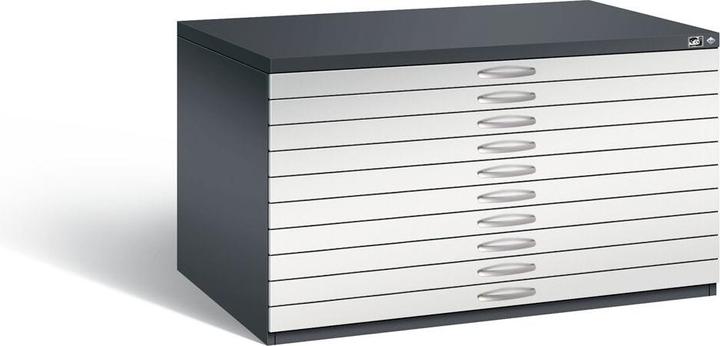 Produktbild C+P Zeichnungsschrank, DIN A0, 10 Schubladen, Höhe 760 mm, schwarzgrau / lichtgrau