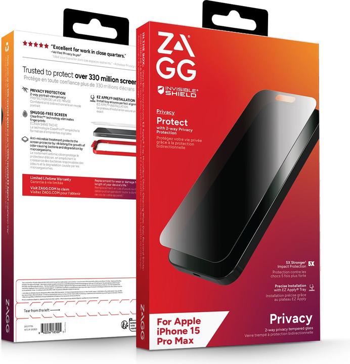 Actual product image Zagg Invisibleshield Glass Elite (1 Piece, Apple iPhone 15 Pro Max)
