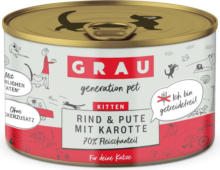 Produktbild Grau Nassfutter Kitten Rind & Pute mit Karotte, 6 x 200 g (Welpe + Kitten, 6 Stk., 1555 g)