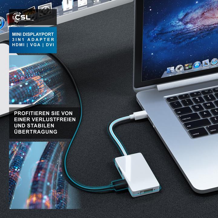 Produktbild CSL 3in1 Mini DisplayPort zu HDMI, DVI, VGA Adapter Konverter, miniDP 1.2 4k 3840x2160 UHD 2160p, 0,15m (HDMI, DVI, VGA, 8.50 cm)