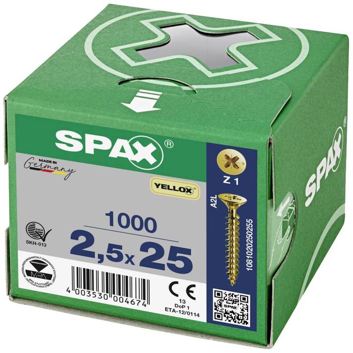 Immagine prodotto Spax Vite R 88094 Testa svasata con punta/inclinazione a croce -PZ 2,5 x 25/22-Z Acciaio zincato giallo (1000 Viti per pezzo)